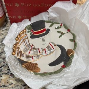 Fitz and Floyd Festive Snowman Plate with Gold and Green Accents